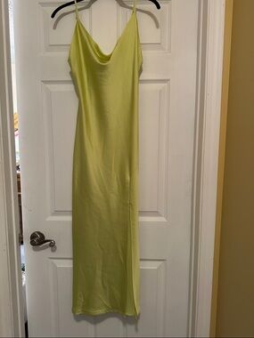 Women’s Satin Cowl Neck Maxi Dress in Chartreuse